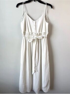 White Spaghetti Strap Tie-Waist Midi Dress